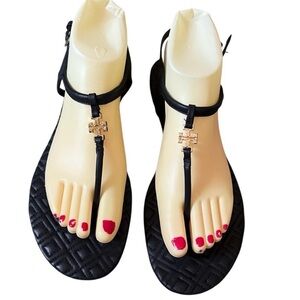 New Tory Burch Marion black T strap sandal flats quilted gold logo 9.5